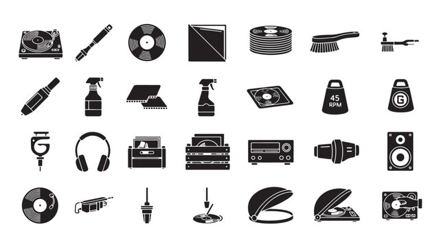 Vinyl record care and audio equipment icons, 28 black silhouette vector elements for music collectors, turntable maintenance and hi-fi accessories set