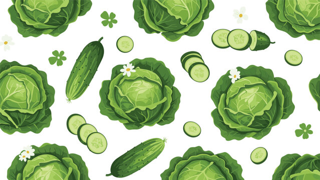 Vibrant pattern of fresh green cabbages and sliced cucumbers with small white flowers creates a healthy food themed design on a white base.