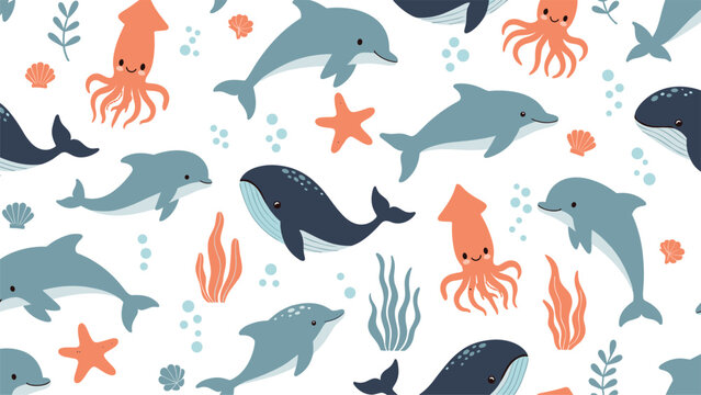 Playful seamless pattern features various sea creatures like blue dolphins, dark whales, and orange squids swimming among bubbles and seaweed.