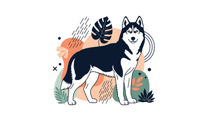 Striking husky dog stands in front of a modern abstract background featuring monstera leaves, geometric shapes, and soft pastel colors.