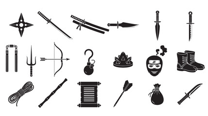 Ninja warrior weapon icons set, black silhouette martial arts equipment collection, 18 ancient japanese assassin tools and gear vector elements © Abdullah