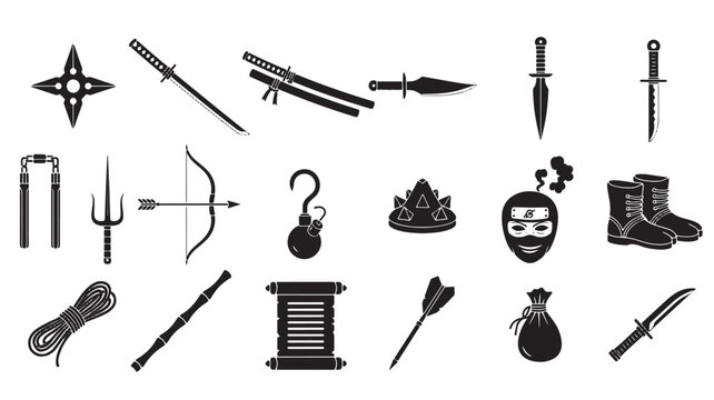 Ninja warrior weapon icons set, black silhouette martial arts equipment collection, 18 ancient japanese assassin tools and gear vector elements