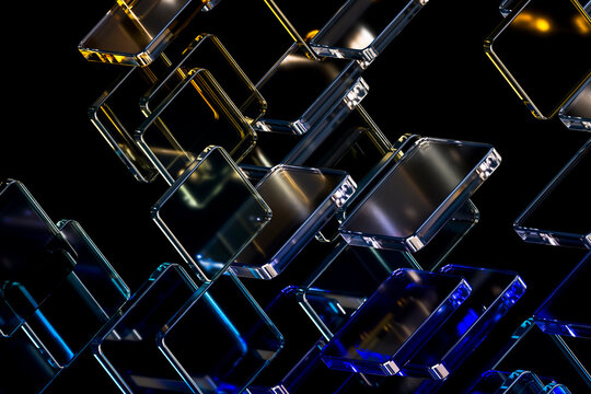 3D glass panel grid with floating blue amber rectangle pattern