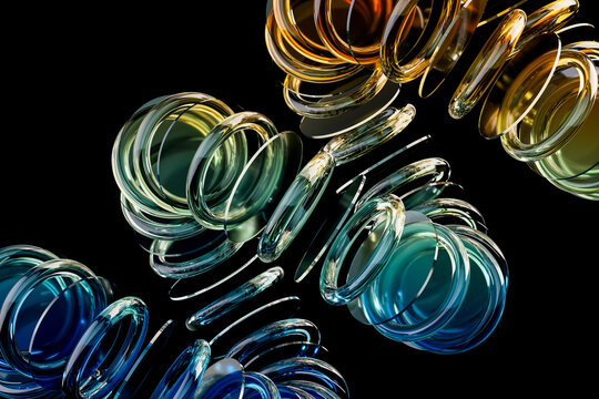 3D reflective ring network with floating glass blue gold forms