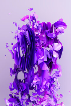 3D violet sculpted column with layered abstract form in space