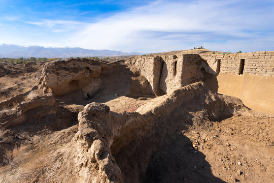 Ancient Penjikent ruins aerial panoramic view, Tajikistan