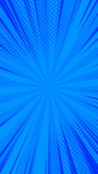 Blue sun rays vertical abstract background with cartoon comic speed radial lines and halftone circle dots texture