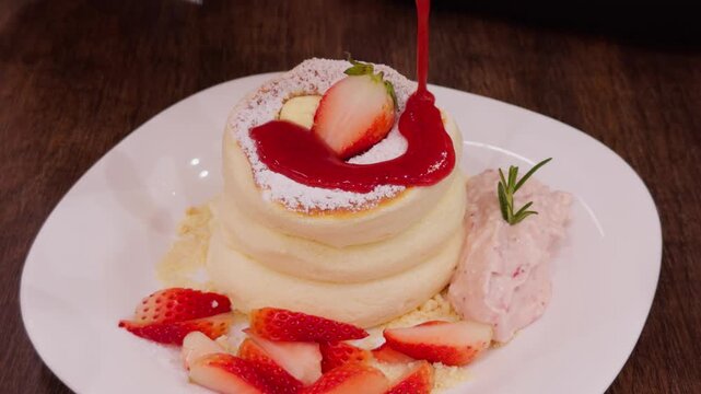 Pouring Strawberry Sauce Over Souffle Pancake Dessert - Fluffy Japanese Pancake Fresh Strawberry Restaurant