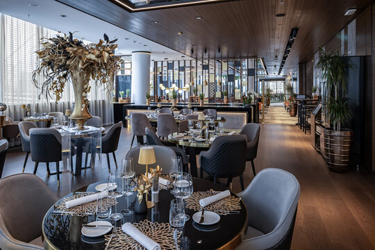 Stylish modern hotel restaurant interior with refined new design elements