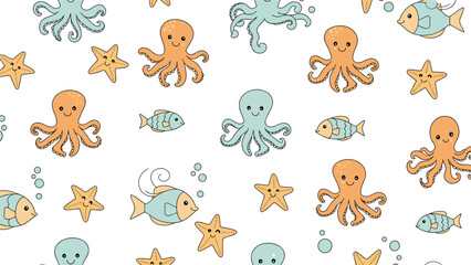 Obraz premium Playful seamless pattern featuring cute cartoon sea creatures like octopuses fish and starfish on a clean white background.