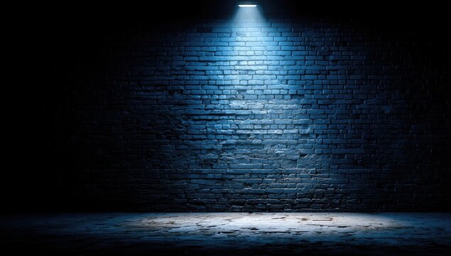 Dark, moody scene with a stark blue spotlight illuminating a gritty brick wall