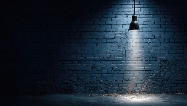 Dark, moody brick wall illuminated by a single hanging light fixture