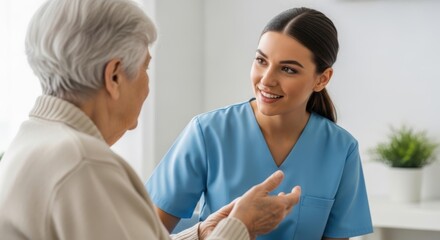 Fototapeta premium Senior woman receiving compassionate home care assistance from young nurse in bright living room