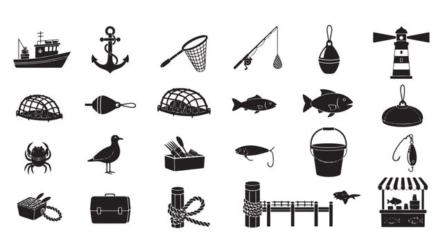 Nautical fishing icons set, black sea industry silhouettes, 24 maritime equipment vector elements, commercial fishery and ocean hobby graphics