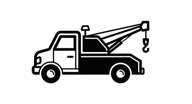 Black and white icon of a tow truck with a hook extended