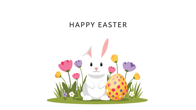 Adorable white easter bunny sitting with a large polka dot egg in a vibrant field of spring tulips and wildflowers.