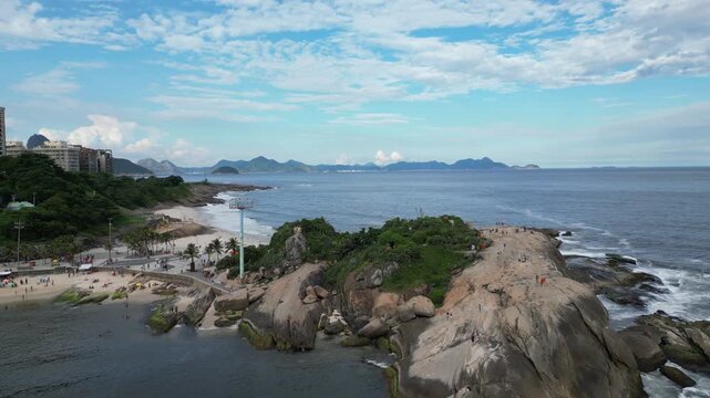 Aerial panoramic view of Arpoador rock and coastline near Ipanema in Rio de Janeiro, Brazil