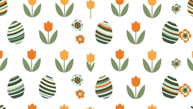 Festive seamless pattern featuring colorful striped easter eggs and orange tulips arranged on a clean white background.