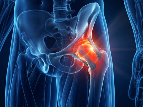 A cinematic 3D medical illustration focusing on the human pelvis and hip joint