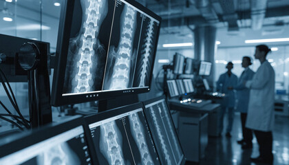 Fototapeta premium Medical Professional Analyzing Spine X-ray Scans on Monitors in Modern Laboratory