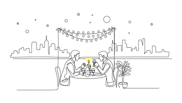 Couple dining at a rooftop restaurant.