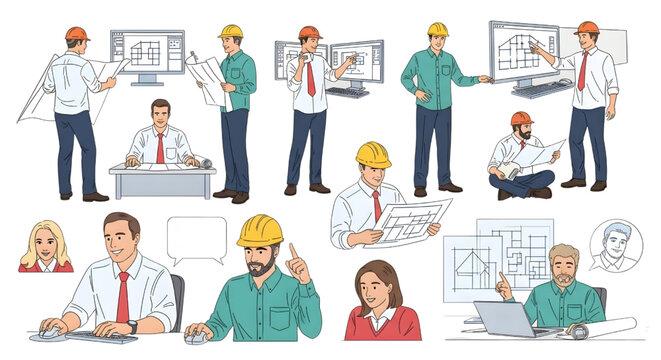 AutoCAD Businessman and Employee Problem Poses Vector Set &ndash; Multi View Colored Office People CAD Figures Isolated No Background