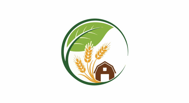 Green leaf, wheat stalks, and barn inside a circle