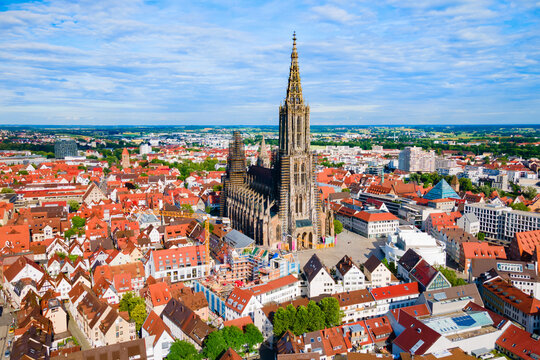 Ulm Minster Church aerial panoramic view, Germany