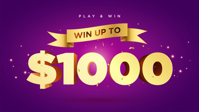 Play and win up to $1000 dollars text with ribbon confetti and bold typography on purple background for marketing and advertising campaigns