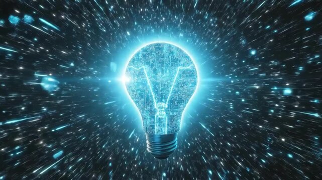 Futuristic digital lightbulb surrounded by sparkling data and circuit patterns