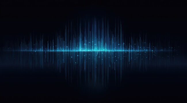 Abstract blue sound waves pulse with glowing lights and particles on black
