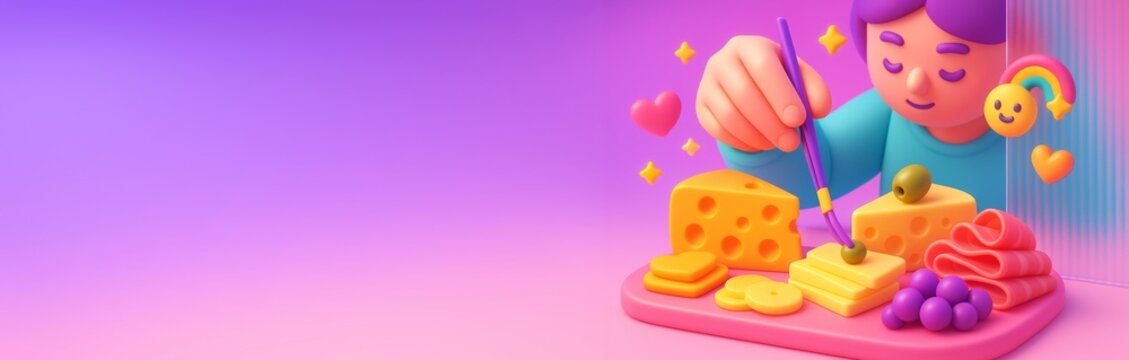 Cute cartoon character making cheese platter with fruits and meat slices on vibrant gradient background with copy space on the left side. Ai generative