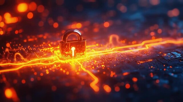 Glowing lock on circuit board representing cybersecurity and data protection in technology