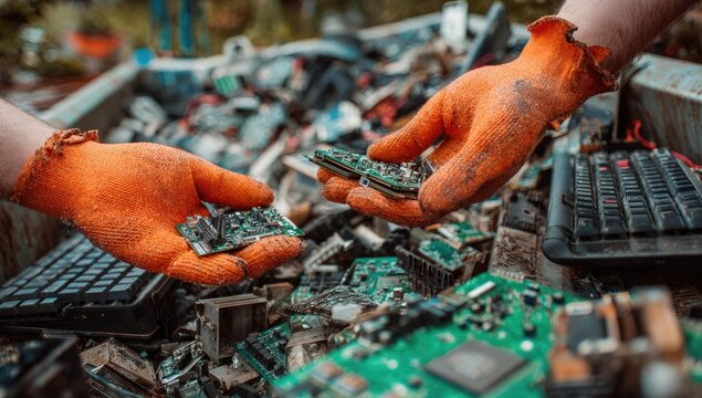 Hands sorting through electronic waste, circuits, and computer parts