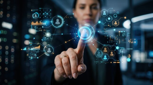 Businesswoman touching user node on digital identity graph interface. Digital identity verification concept.