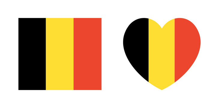 Flag of Belgium icon, badge. National Belgian rectangular, heart flag button, sticker. Belgian Flag banner. Flag sign, background in rectangle, heart shape.