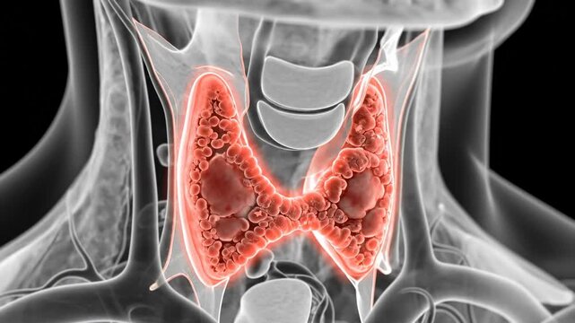 Human thyroid gland, specific thyroid disease with glowing red, detailed medical anatomical view, health, diagnostic imaging concept, internal body pathology, endocrinology