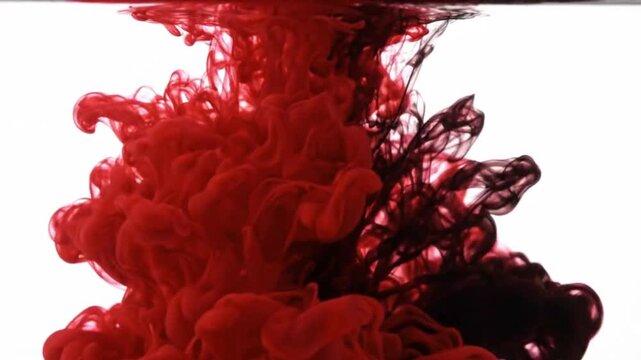 Red and black ink drops mixing in water abstract slow motion and deep