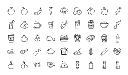 Fototapeta premium Minimal Monoline Food Icon Set Featuring Fruits Vegetables Drinks Snacks Meat and Condiments for Clean Design