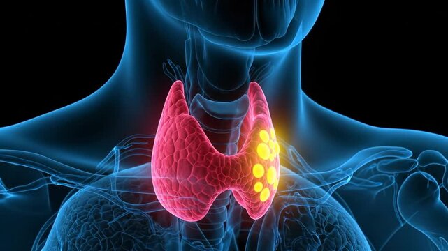 Human internal thyroid gland, critical endocrine system organ, detailed medical illustration, comprehensive thyroid disease concept, vital health condition, precise anatomical pathology,