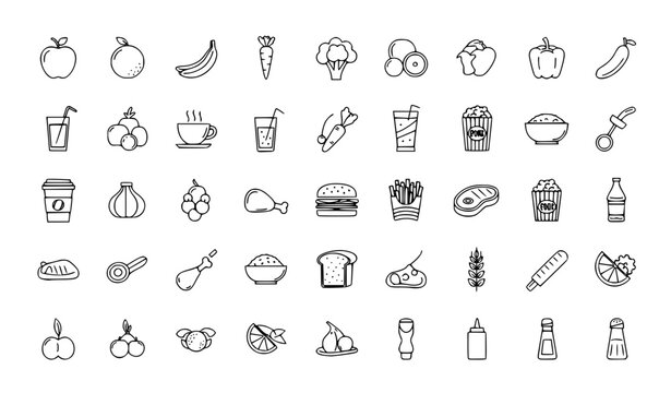 Minimal Monoline Food Icon Set Featuring Fruits Vegetables Drinks Snacks Meat and Condiments for Clean Design
