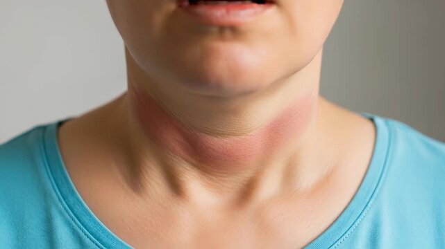 Adult's neck, visible swollen thyroid gland, redness indicating inflammation, autoimmune endocrine disorder, significant health condition, medical diagnosis, patient care
