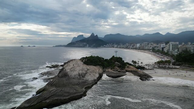 Aerial panoramic view of Arpoador rock and Ipanema beach with Dois Irmaos mountains in Rio de Janeiro, Brazil