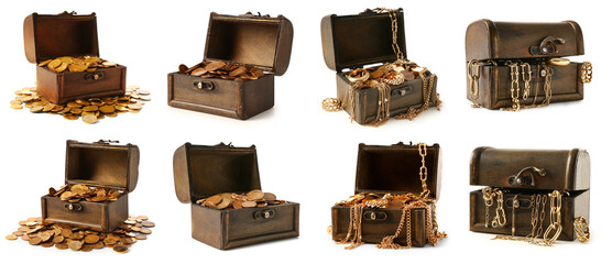Set of old chests with pirate treasures on white background © Pixel-Shot