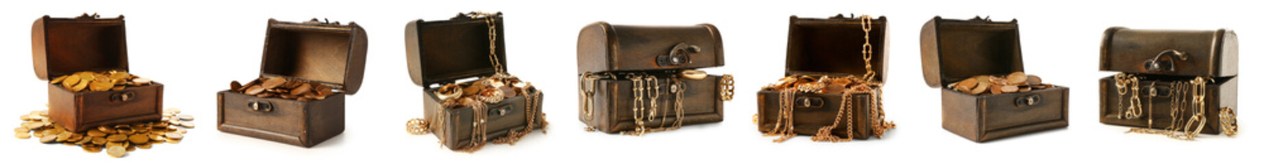 Set of old chests with pirate treasures on white background © Pixel-Shot