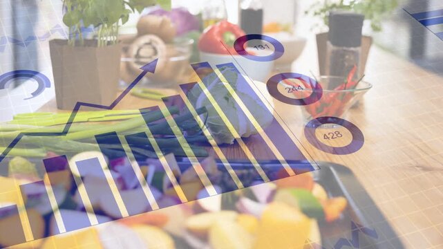 On update blue overlay sliding across kitchen counter, updating bar pie metrics for food insights