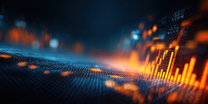 Abstract digital financial graph with glowing orange bars and blue grid