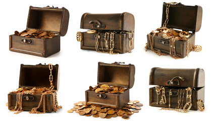 Set of old chests with pirate treasures on white background © Pixel-Shot