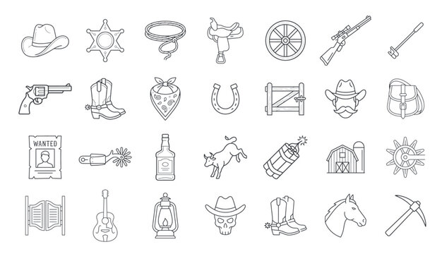 Wild West Cowboy and Western Culture Line Icons Set