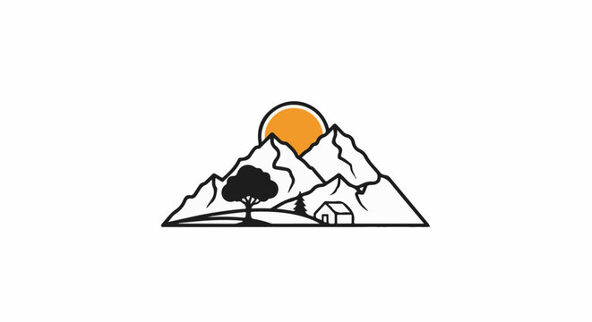 Stylized mountain landscape with sun, tree, and small house